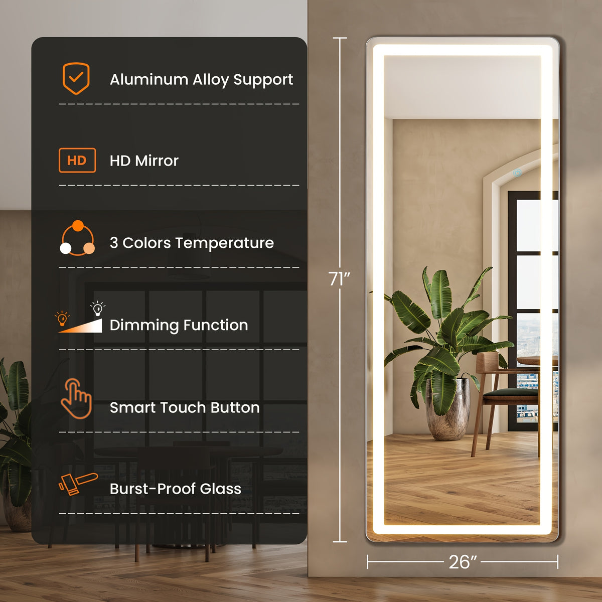 LED Full Length Mirror with Lights – Lighted Full Body Mirror with Touch Control, Free Standing, Wall Mounted or Leaning, Light Up Floor Mirror for Bedroom, Dressing Room & Home Decor