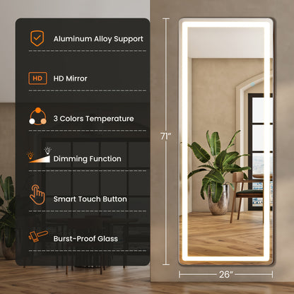 LED Full Length Mirror with Lights – Lighted Full Body Mirror with Touch Control, Free Standing, Wall Mounted or Leaning, Light Up Floor Mirror for Bedroom, Dressing Room & Home Decor