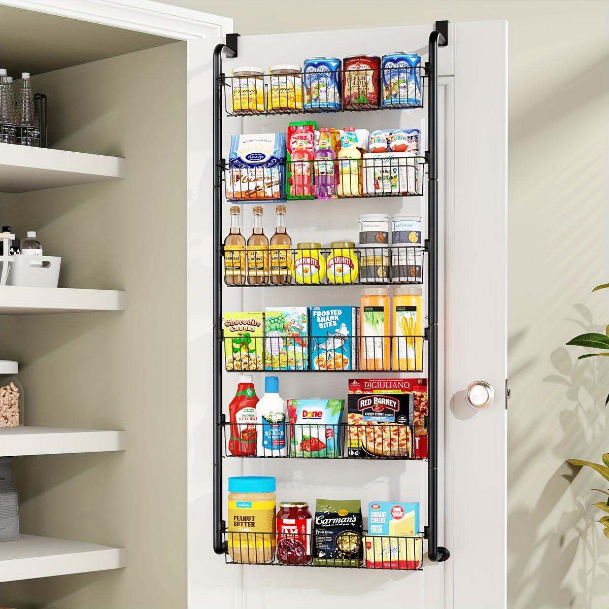 Over The Door Organizer, Heavy-Duty Metal Pantry Rack with 6 or 8 Shelves – Space-Saving Multi-Level Storage for Kitchen, Bathroom & Laundry Room, Spice Rack & Cabinet Door Hanging Shelf, Black or White