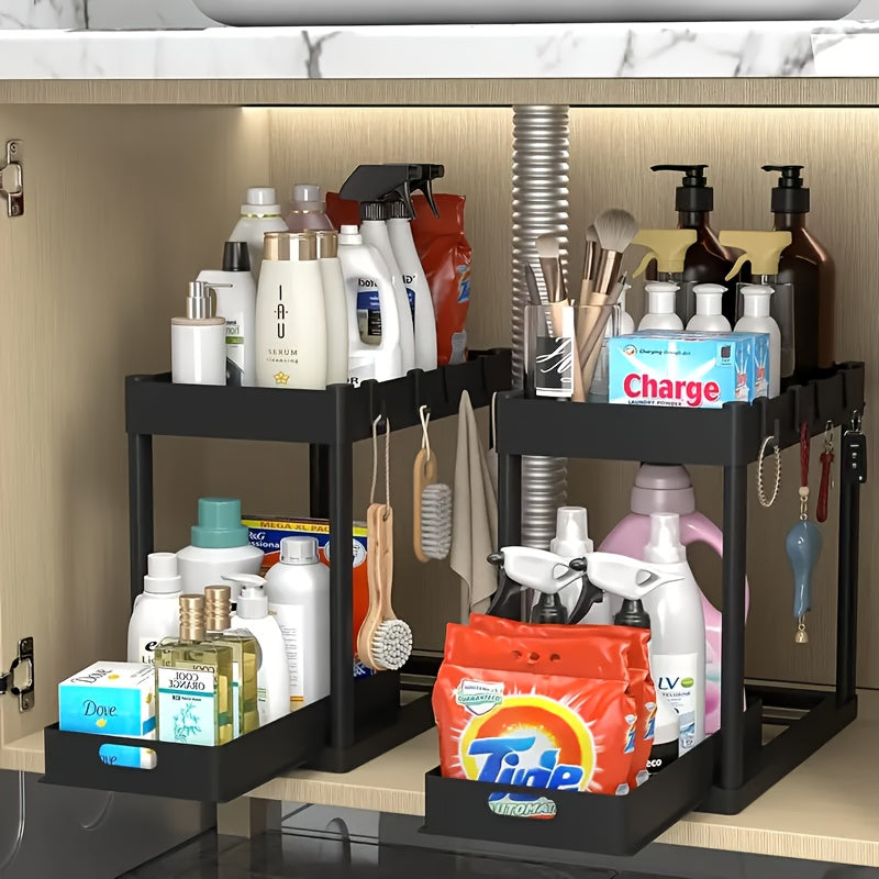 Under Sink Organizer 2 Pack – Double Tier Sliding Storage Basket with 8 Hooks, Adjustable Cabinet Organizer for Kitchen Bathroom Under Sink Storage, Moonlight White Matt Black Light Gray