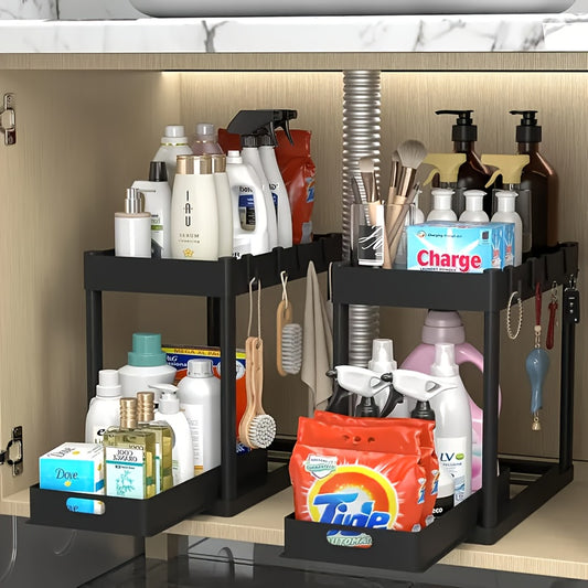 Under Sink Organizer 2 Pack – Double Tier Sliding Storage Basket with 8 Hooks, Adjustable Cabinet Organizer for Kitchen Bathroom Under Sink Storage, Moonlight White Matt Black Light Gray