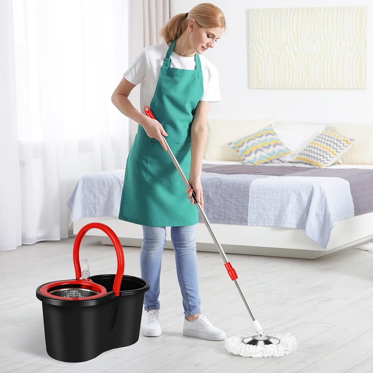 Spin Mop and Bucket Set with Wringer – 360° Spin Mop System, 3 Microfiber Replacement Heads & 61" Adjustable Handle for Floor Cleaning, Home & Holiday Cleaning