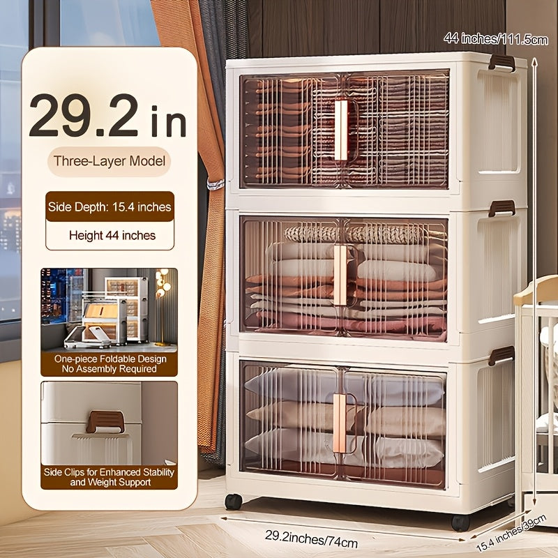 Folding Storage Cabinet with Wheels & Lids – 3/4/5-Tier Extra Large Stackable Plastic Storage Bins Organizer, Translucent Magnetic Doors, for Home, Office, Kitchen, Bathroom, Garage