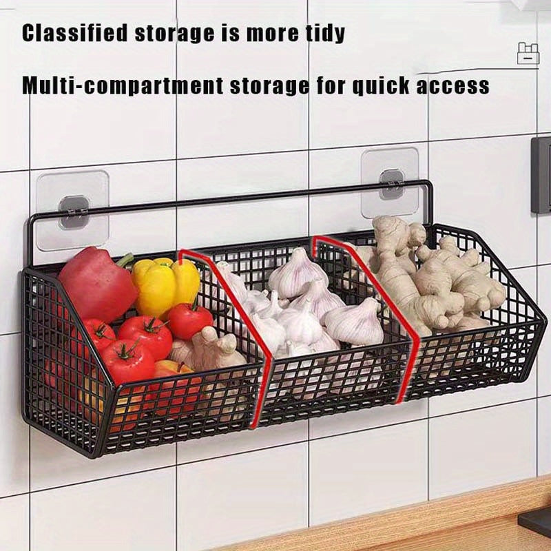 Kitchen Wall Organizer Wire Storage Shelf – No Drill Traceless Wall Rack for Garlic, Onions, Vegetables & Spices, 2 or 3 Grid Space-Saving Compact Kitchen Storage, Black