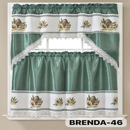 Kitchen Curtains Set 3 Piece with Embroidery – Satin Fabric Valance and Tier Curtains for Kitchen Windows, 49 Colors, Light Filtering, Rod Pocket, Machine Washable