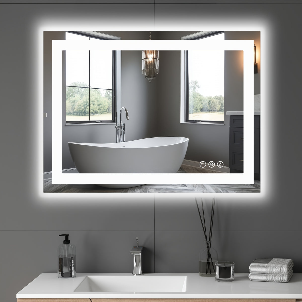 LED Bathroom Mirror Anti-Fog Wall Mounted - Dimmable Lighted Vanity Mirror with 3 Color Lighting Modes & Dual Light Source, Touch Sensor Backlit Makeup Mirror, Horizontal Vertical, Multiple Sizes