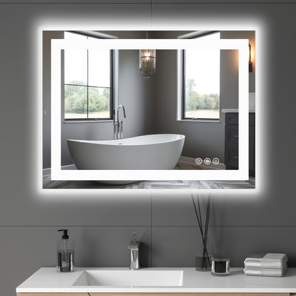 LED Bathroom Mirror Anti-Fog Wall Mounted - Dimmable Lighted Vanity Mirror with 3 Color Lighting Modes & Dual Light Source, Touch Sensor Backlit Makeup Mirror, Horizontal Vertical, Multiple Sizes