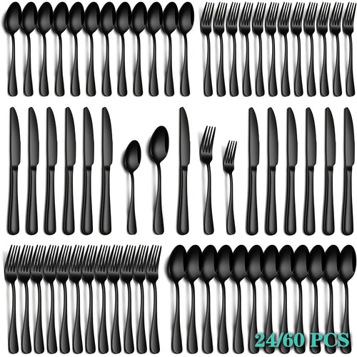 Stainless Steel Flatware Set 24/60 Piece for 4/12 People, Silverware Set with Gift Box Includes Steak Knives Salad Forks Dessert Spoons, Dishwasher Safe Cutlery Set for Home Wedding Camping Christmas, Silver Black