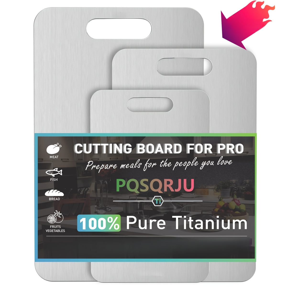 Titanium Cutting Board Set of 3 - Heavy-Duty Rust-Resistant BPA-Free Kitchen Prep Boards with Hook Handles & Rounded Edges, Space-Saving Design for Meat, Vegetables & Fruits, Home & BBQ