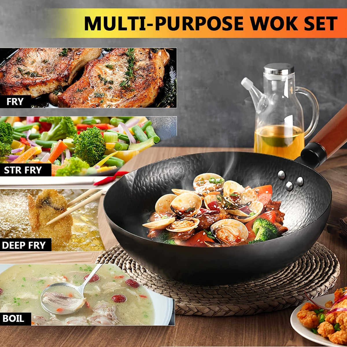 Carbon Steel Wok Set with Lid 12.6 Inch - 14-Piece Non-Stick Stir Fry Pan for All Stoves, Detachable Handle, Honeycomb Surface, Wok Spatula & Kitchen Utensils Included