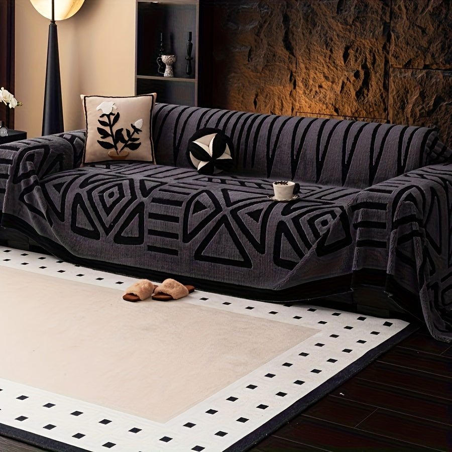 Sofa Cover Couch Protector Bohemian Retro Woven Velvet Throw Blanket – Pet Friendly Slip Resistant Machine Washable Soft Plush Slipcover for Armchair Loveseat 3 4 Seater Sectional Sofa White Grey Dark Gray