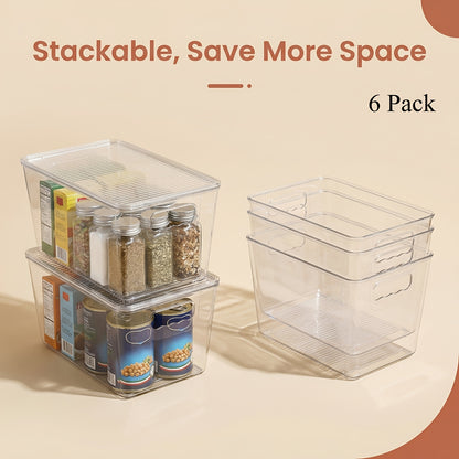 Pantry Organizer Bins with Lids 6 Pack Clear Stackable Storage Containers with Handle for Kitchen Fridge Cabinet Closet Bathroom Bedroom
