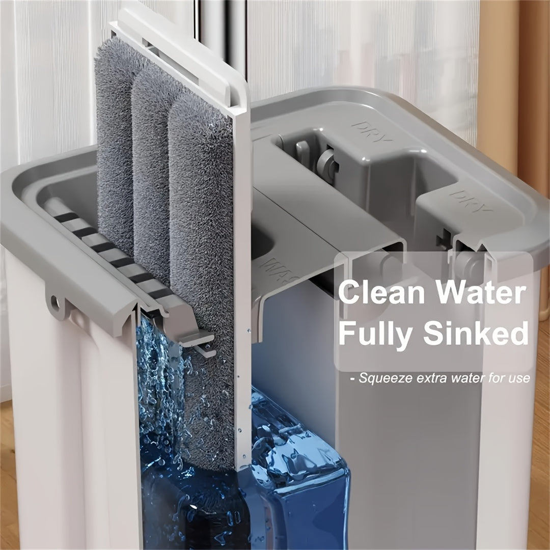 Hands-Free Flat Mop and Bucket Set with Wringer – 360° Swivel Long Handle, 2 Reusable Microfiber Pads, Spin Squeeze System for Hardwood Tile Laminate Floor & Wall Cleaning