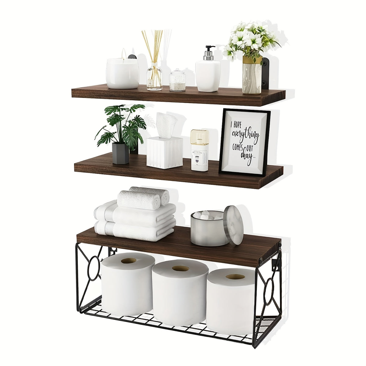 Floating Shelves Over Toilet 3 Piece Set | Wall Mounted Bathroom Storage Shelf with Toilet Paper Holder, Farmhouse Wood & Metal Organizer, Black & Brown