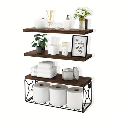 Floating Shelves Over Toilet 3 Piece Set | Wall Mounted Bathroom Storage Shelf with Toilet Paper Holder, Farmhouse Wood & Metal Organizer, Black & Brown