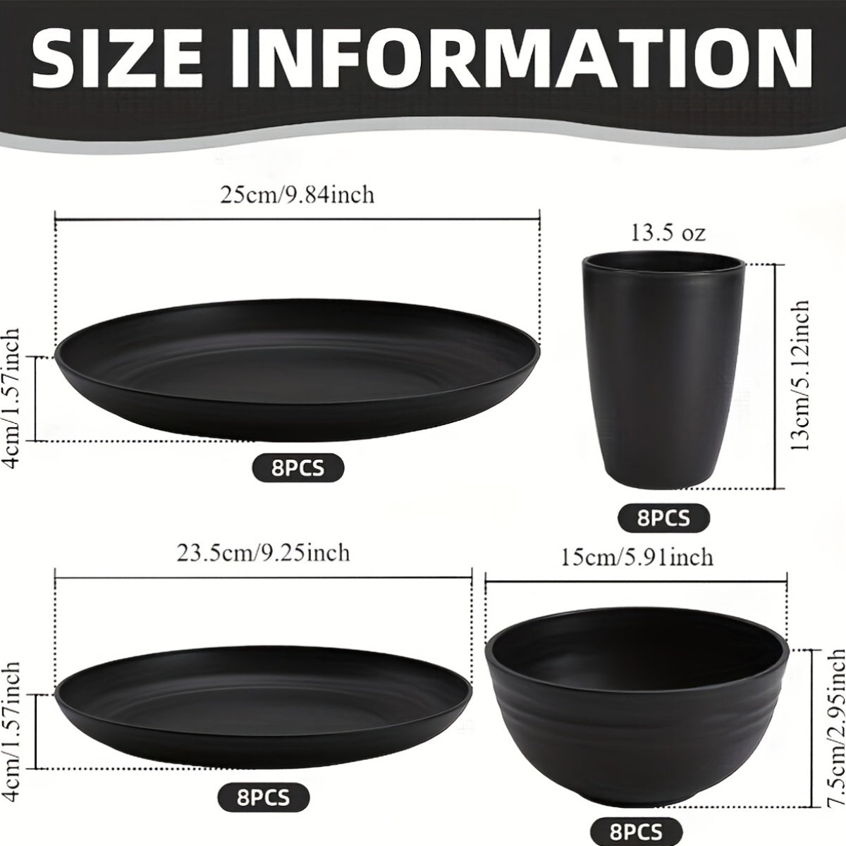 Wheat Straw Dinnerware Set 16 or 32 Piece Unbreakable for 4 or 8 People, Eco-Friendly Plates Bowls Cups Dishwasher Microwave Safe, Lightweight Camping Outdoor Indoor Dinnerware, Black Colorful