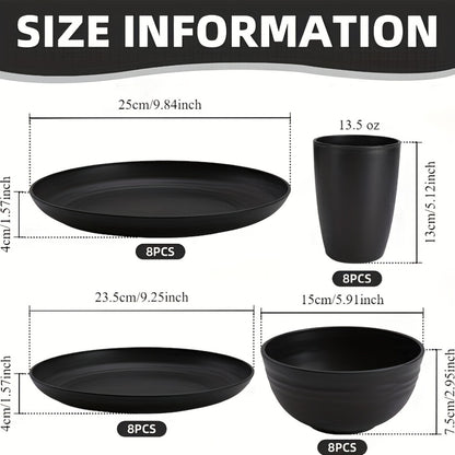 Wheat Straw Dinnerware Set 16 or 32 Piece Unbreakable for 4 or 8 People, Eco-Friendly Plates Bowls Cups Dishwasher Microwave Safe, Lightweight Camping Outdoor Indoor Dinnerware, Black Colorful