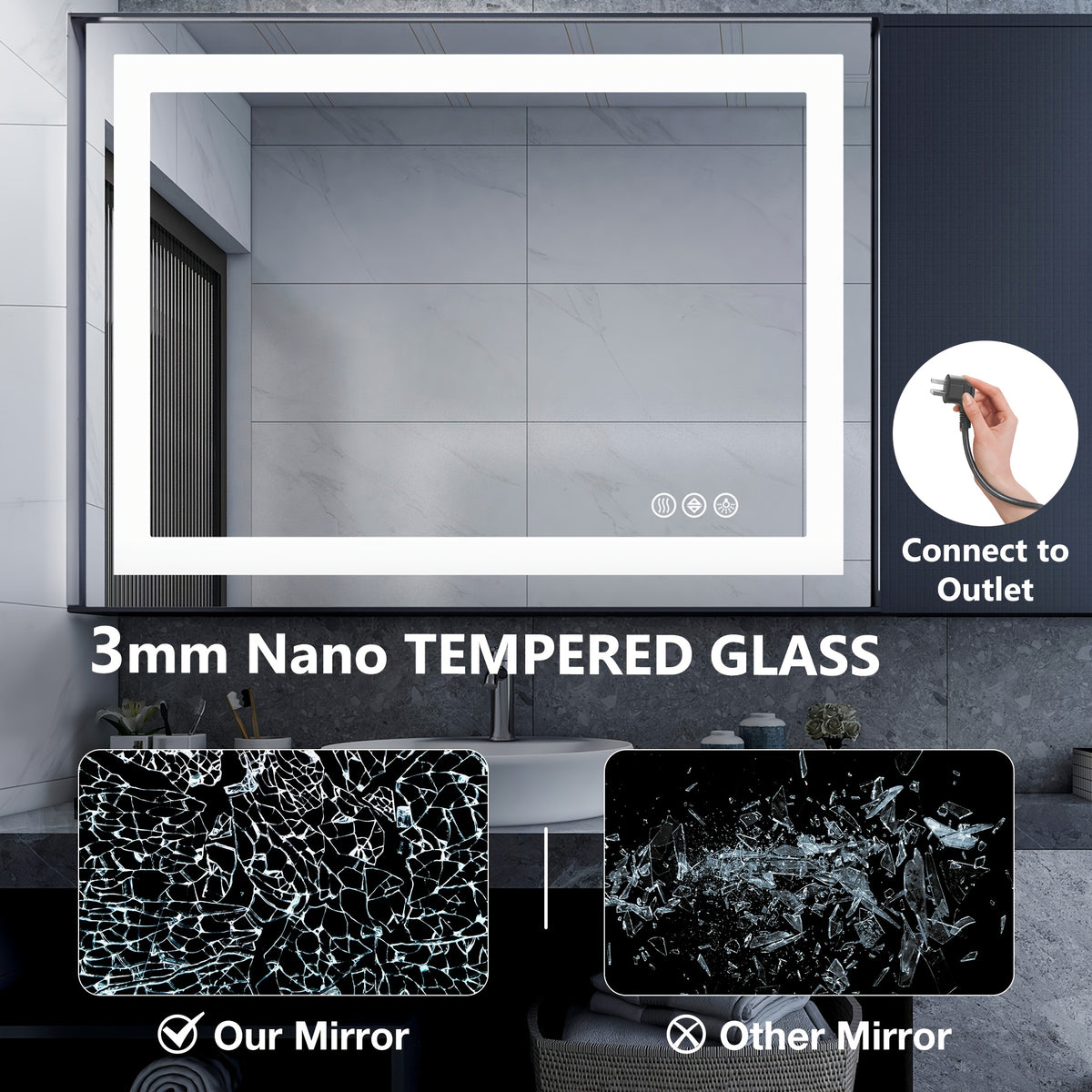 LED Bathroom Mirror Anti-Fog Wall Mounted - Dimmable Lighted Vanity Mirror with 3 Color Lighting Modes & Dual Light Source, Touch Sensor Backlit Makeup Mirror, Horizontal Vertical, Multiple Sizes