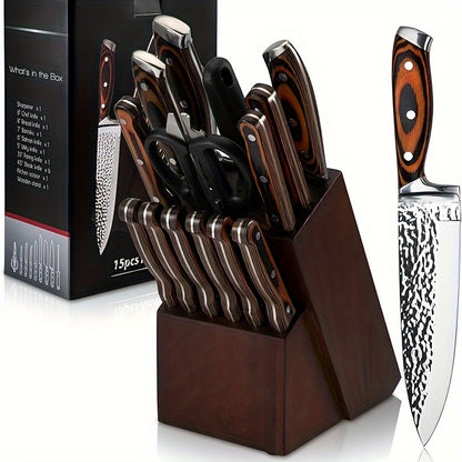 Knife Block Set with Self Sharpener 15pcs Hammered Stainless Steel Chef Knife Set with Wooden Block Steak Knives Self Sharpening Kitchen Knives Gift for Men Family