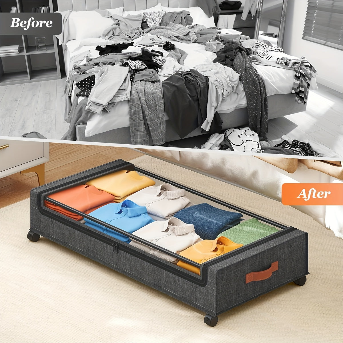 Under Bed Storage Boxes with Wheels 2-Pack - Sliding Wheeled Under Bed Organizer with Metal Drawer for Clothes, Shoes, Blankets, Bedding - Space Saving Bedroom Storage Solution, Black & Gray Options