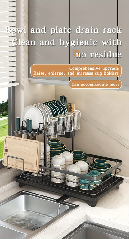 2-Tier Dish Drying Rack Metal with Cutlery Holder, Cup Holder & Rust-Proof Drip Tray – Space Saving Countertop Dish Rack for Kitchen Organization, Black & Dark Gray
