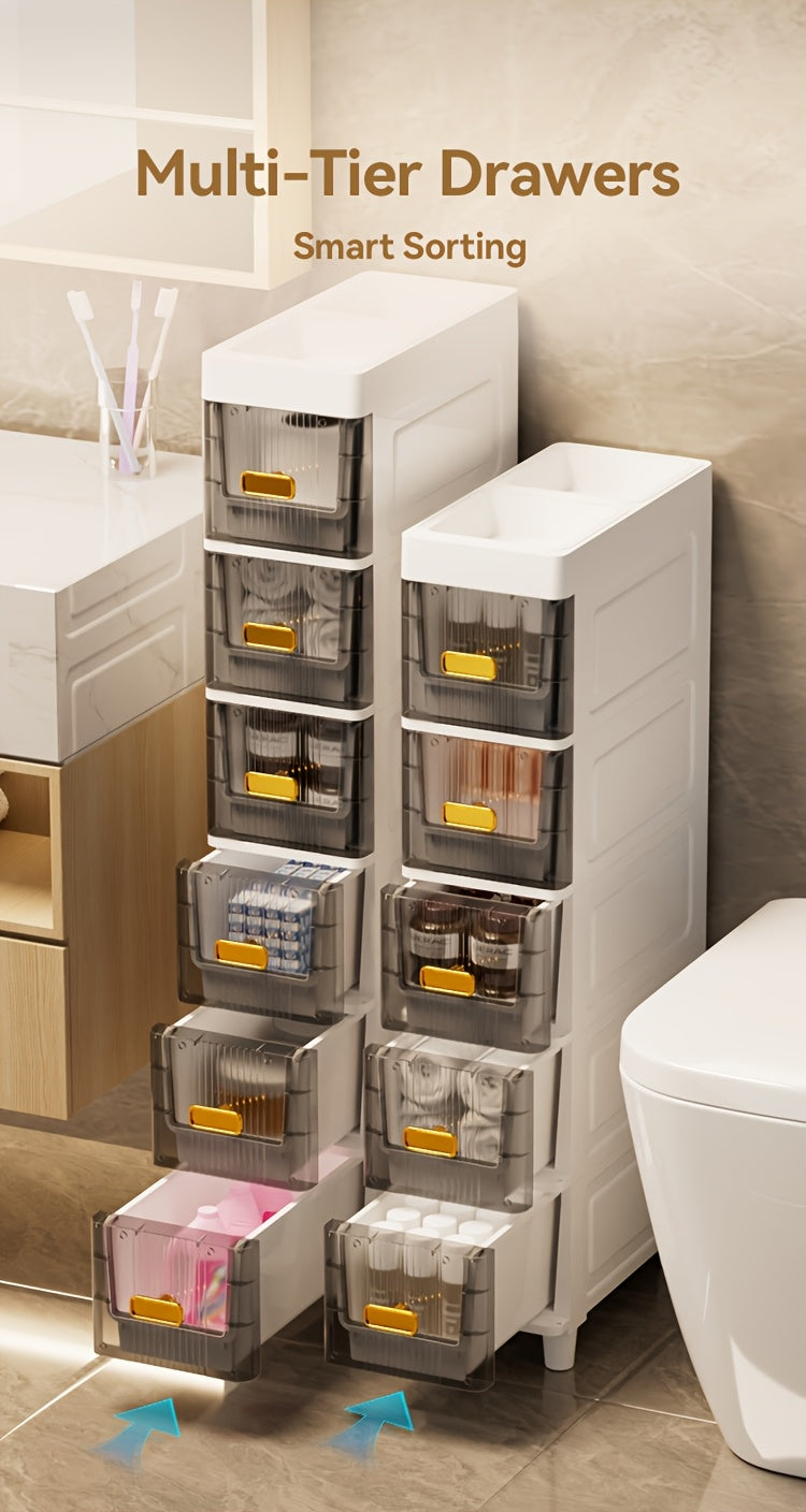 Slim Storage Cabinet with Drawers 3 4 5 6 Tier, Waterproof PP Plastic Drawer Organizer Unit for Bathroom Kitchen Bedroom, Narrow Rolling Storage Cart with Wheels for Small Spaces