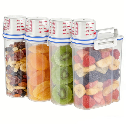 Food Storage Canisters 4 Pack Large Capacity Transparent PP Plastic with Measuring Cups and Scale Markings, Flip Top Lid Airtight Kitchen Pantry Containers for Rice Flour Grains Dog Food Organization