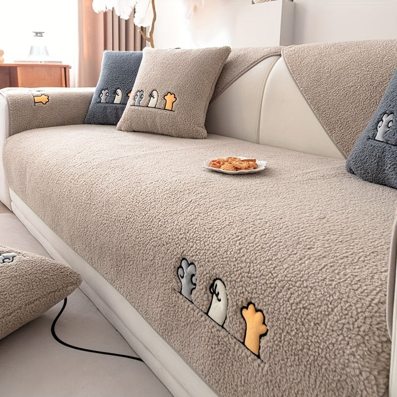 Sofa Cover Plush Shearling Non-Slip Pet-Friendly – Thick Couch Protector with Animal Bone Embroidery for 2 3 4 Seater, Soft Warm Slipcover for Living Room Bedroom Office in Dark Gray Off White Coffee Black