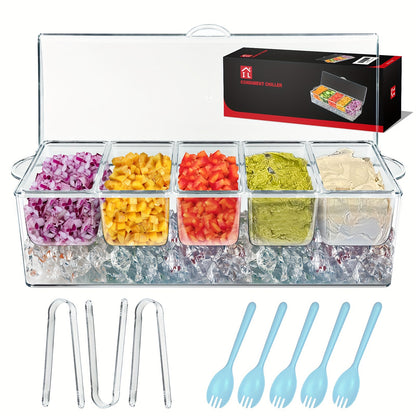 Bar Serving Tray on Ice | 5-Compartment Garnish Platter with Lid, 5 Forks & 3 Pliers | Cold Condiment & Fruit Tray for Bar, Parties & Entertaining