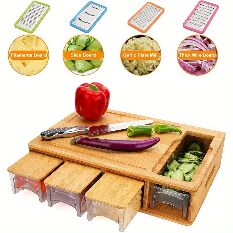 Bamboo Cutting Board with Trays and Drawers, Large Chopping Board with Food Sliding Opening and Stackable Airtight Containers for Food Storage Transport and Cleanup, Kitchen Gift for Home Cooks