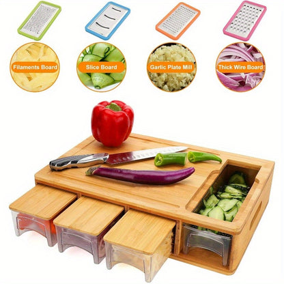 Bamboo Cutting Board with Trays and Drawers, Large Chopping Board with Food Sliding Opening and Stackable Airtight Containers for Food Storage Transport and Cleanup, Kitchen Gift for Home Cooks