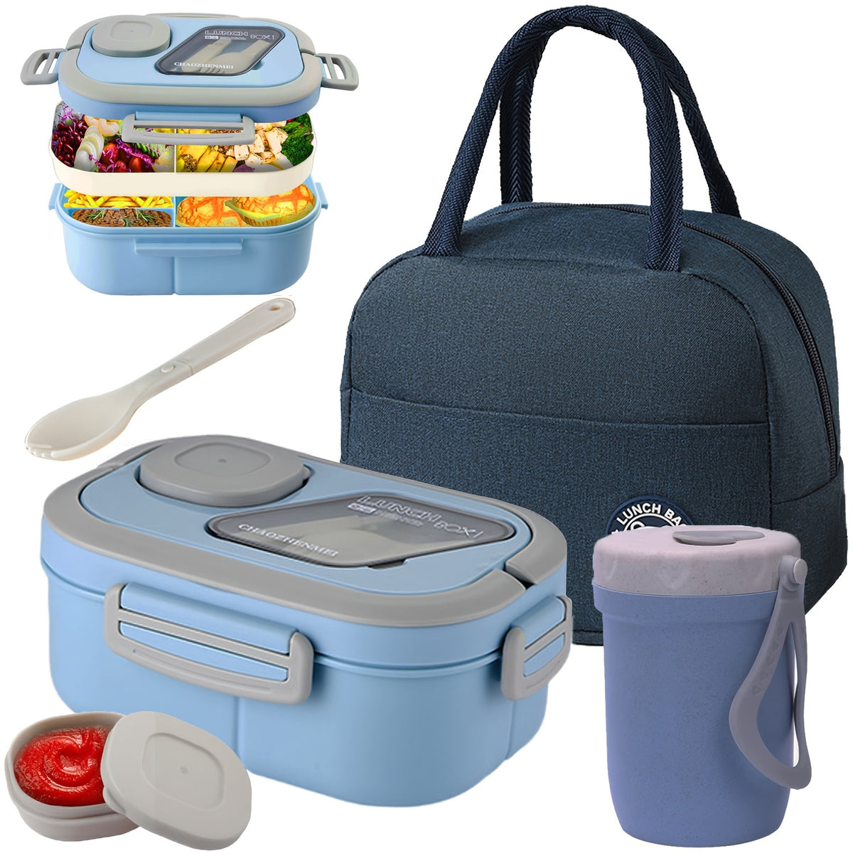Bento Lunch Box Set with Bag and Cup, 2-Layer Multi-Compartment Meal Prep Container for School Office Picnic, Leakproof Food Storage Box with Insulated Lunch Bag, Pink Blue Green White