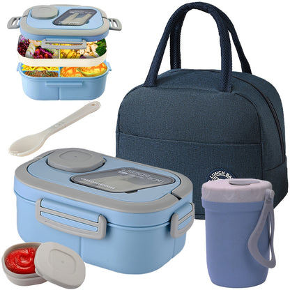 Bento Lunch Box Set with Bag and Cup, 2-Layer Multi-Compartment Meal Prep Container for School Office Picnic, Leakproof Food Storage Box with Insulated Lunch Bag, Pink Blue Green White