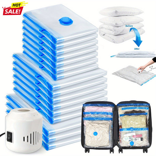 Vacuum Storage Bags 16 Pack with Electric Pump, Space Saver Vacuum Seal Bags for Clothes Bedding Pillows Quilts Blankets, 7 Small 6 Medium 3 Large Compression Bags for Closet Travel Luggage Storage
