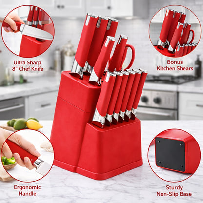 13-Piece Kitchen Knife Set with Block Holder - Chef Knife, Bread Knife, 6 Steak Knives & Scissors - Sharp Stainless Steel Blades, Durable Ergonomic Handle, Perfect Housewarming Gift for Home Kitchen