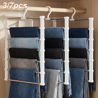 Multi-Layer Pants Hanger Space Saving Closet Organizer – Stainless Steel Non-Slip Stackable Hanger for Pants, Jeans, Trousers, Scarves & Ties – 3 or 7 Pack Wardrobe Storage