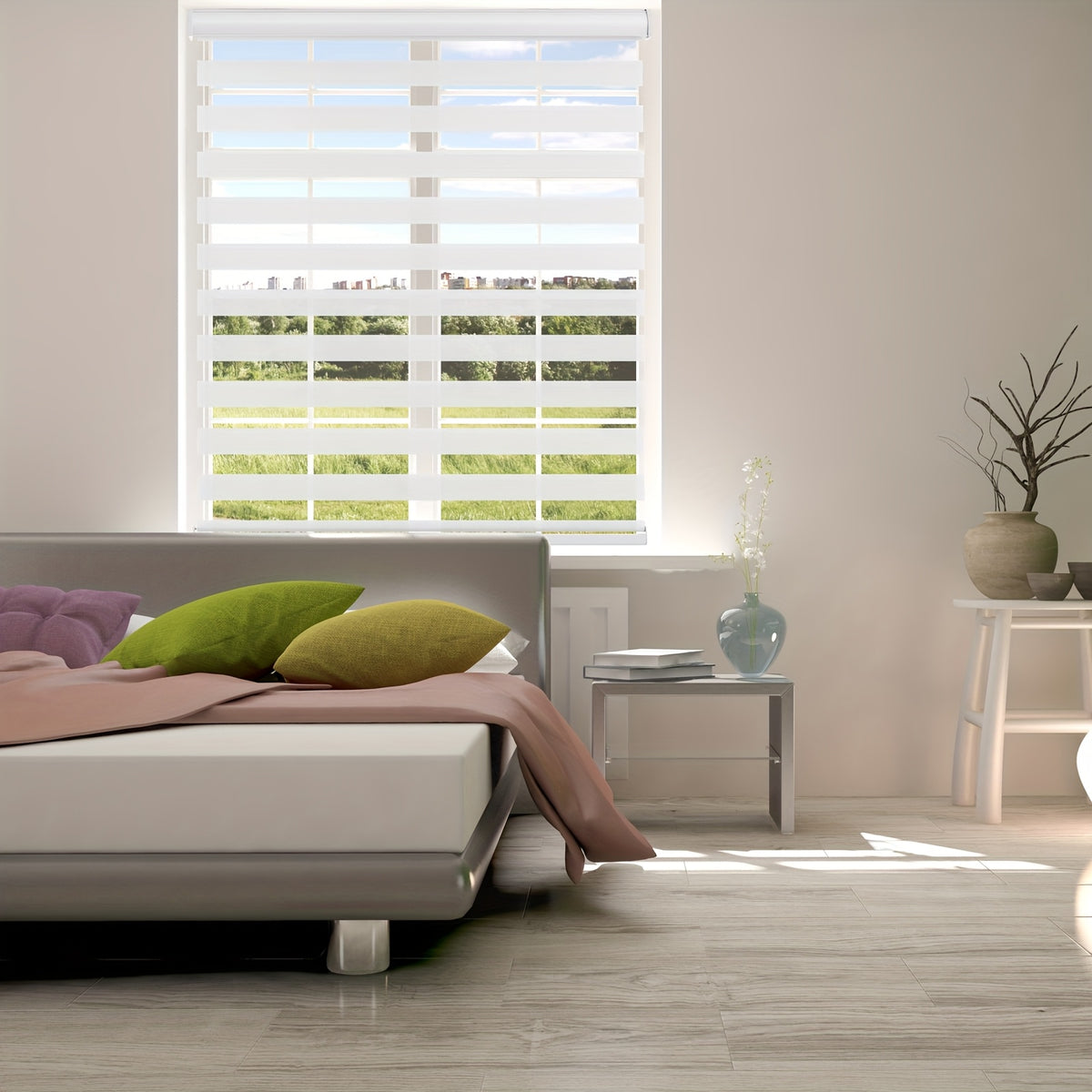 Cordless Zebra Roller Shade with Valance | Double Layer Day & Night Window Blind | Light Filtering & Room Darkening Window Treatment, Beige, Grey, White, Black