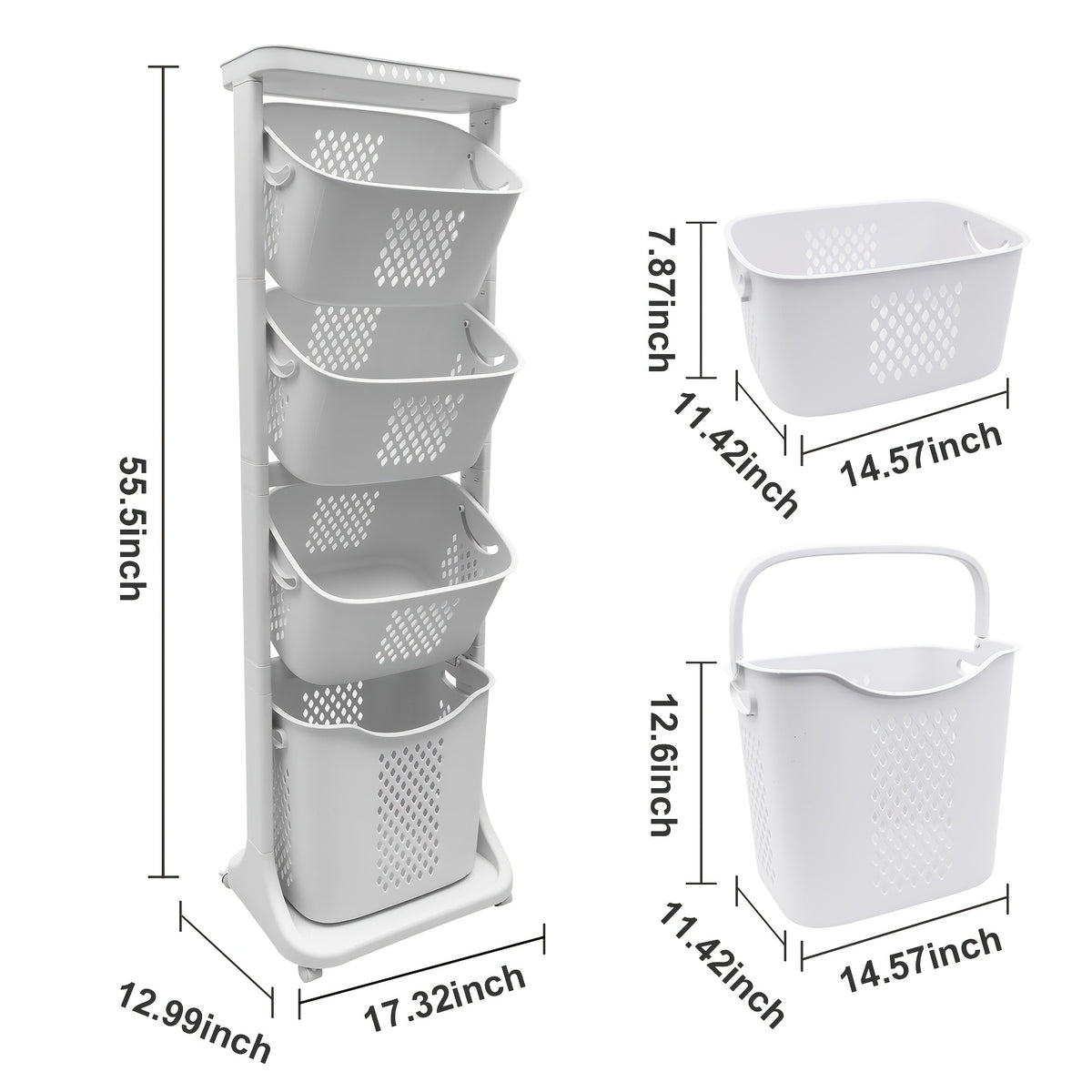 Rolling Laundry Hamper Cart with Wheels, 2/3/4 Tier Laundry Basket Large Capacity, Movable Layer Classification Storage, PP Material, for Laundry Room Bathroom Bedroom Organization