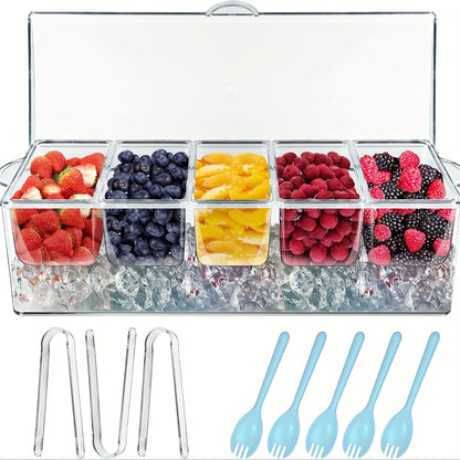 Chilled Condiment Server Tray with Lid & 5 Removable Compartments - Clear Ice Bar Caddy for Party Toppings, Garnish Station, Cocktail Bar Fruit Container & Buffet Serving