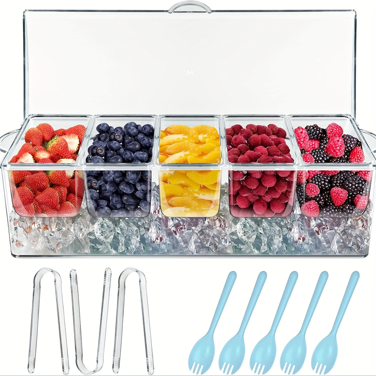 Chilled Condiment Server Tray with Lid & 5 Removable Compartments - Clear Ice Bar Caddy for Party Toppings, Garnish Station, Cocktail Bar Fruit Container & Buffet Serving