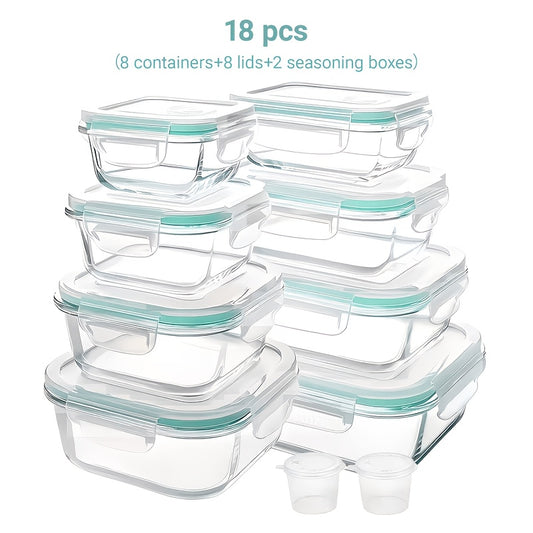 Glass Food Storage Containers Set 16 Piece – Airtight Borosilicate Glass Meal Prep Containers with Lids, Microwave Oven Safe, Lunch Box for Salads Fruits Vegetables, Gray Green Blue Colorful
