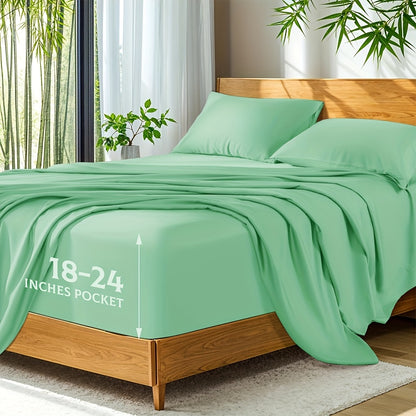 Bamboo Bed Sheet Set 4 Piece 2200TC Cooling Fabric Deep Pocket Fitted Sheet Ultra Soft Breathable for Hot Sleepers Twin Full Queen King Shrink Fade Wrinkle Resistant Hotel Quality Multiple Colors