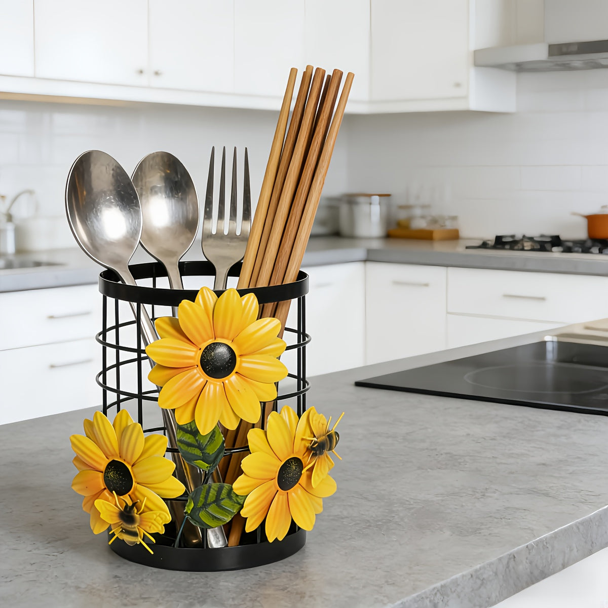 Sunflower Flatware Storage Basket Kitchen Countertop Organizer, Open Utensil Holder Caddy for Silverware Spoons Forks Knives, Farmhouse Kitchen Decor Storage & Organization