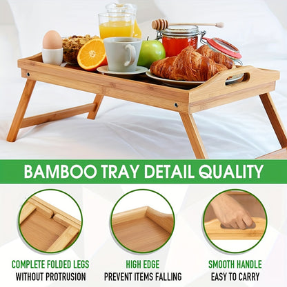 Foldable Bed Tray Table with Handles – Bamboo Breakfast Tray for Eating, Working & Snacking in Bed or Sofa, Sturdy Folding Legs, White Black Natural Bamboo, 1 or 2 Pack