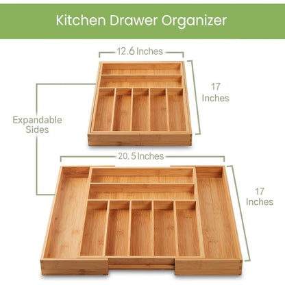 Expandable Bamboo Drawer Organizer 9-Compartment Adjustable Silverware Tray Cutlery Utensil Holder for Kitchen Bedroom Office Home Storage