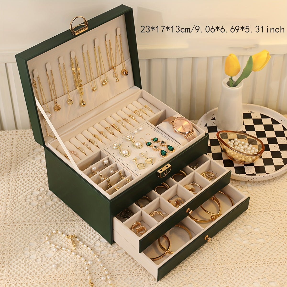 Jewelry Box Large Capacity Organizer for Necklaces Earrings Bracelets Rings Studs – Premium Jewelry Storage Box with Multiple Compartments Gift for Women Mom Pink White Black Green