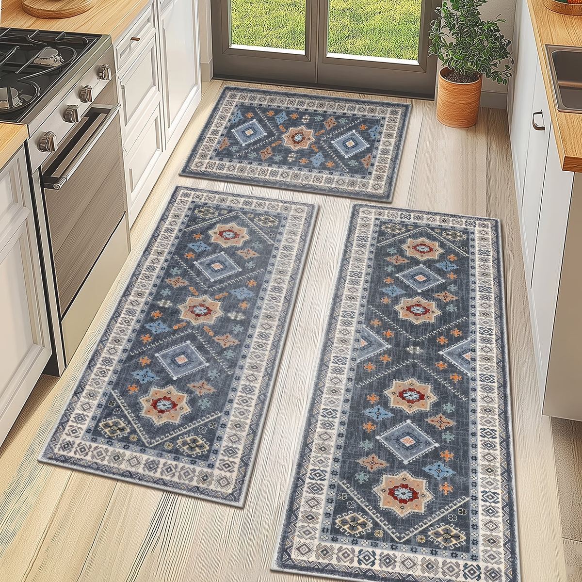 Boho Kitchen Mat Set 3-Piece with Runner – Non-Slip Washable Thick Kitchen Rugs and Mats for Floor, Kitchen Runner Rug for Hallway Laundry Room Holiday Decor