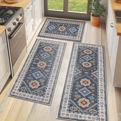 Boho Kitchen Mat Set 3-Piece with Runner – Non-Slip Washable Thick Kitchen Rugs and Mats for Floor, Kitchen Runner Rug for Hallway Laundry Room Holiday Decor