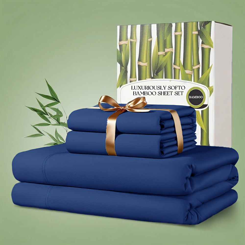 Bamboo Bed Sheet Set 4 Piece 2200TC Cooling Fabric Deep Pocket Fitted Sheet Ultra Soft Breathable for Hot Sleepers Twin Full Queen King Shrink Fade Wrinkle Resistant Hotel Quality Multiple Colors