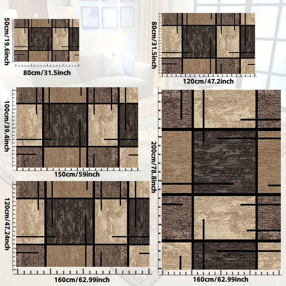 Velvet Area Rug Machine Washable – 850 GSM Thick Soft Fade-Resistant Polyester Carpet with Geometric Pattern for Living Room Bedroom Office, Lightweight Non-Slip Rectangle Mat, Beige Brown
